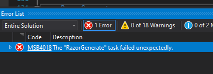خطای the razorgenerate task failed unexpectedly