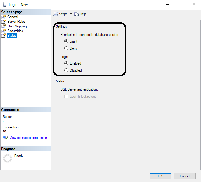 فعال کردن اکانت در sql server
