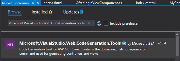No executables found matching command 'dotnet-aspnet-codegenerator'"