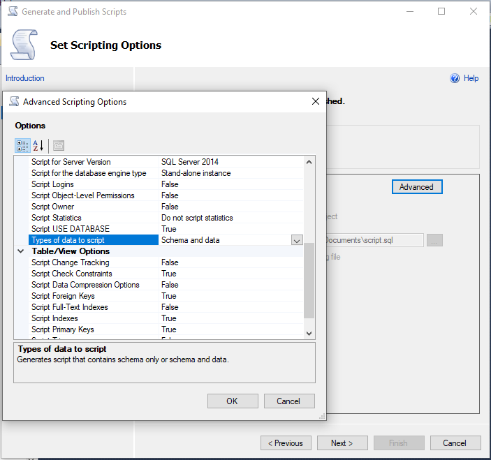schema anf data in sql server scipts