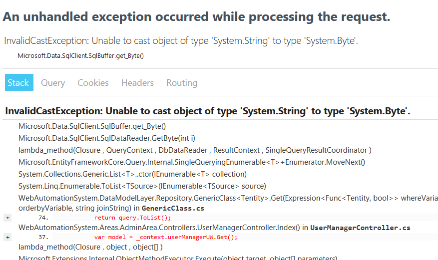 Unable to cast object of type 
