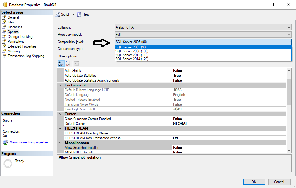 Compatibility level in database