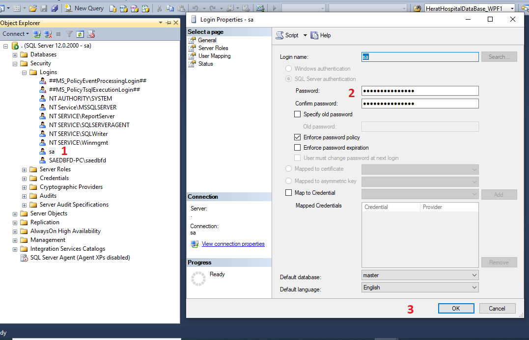 تغییر رمز عبور sql server